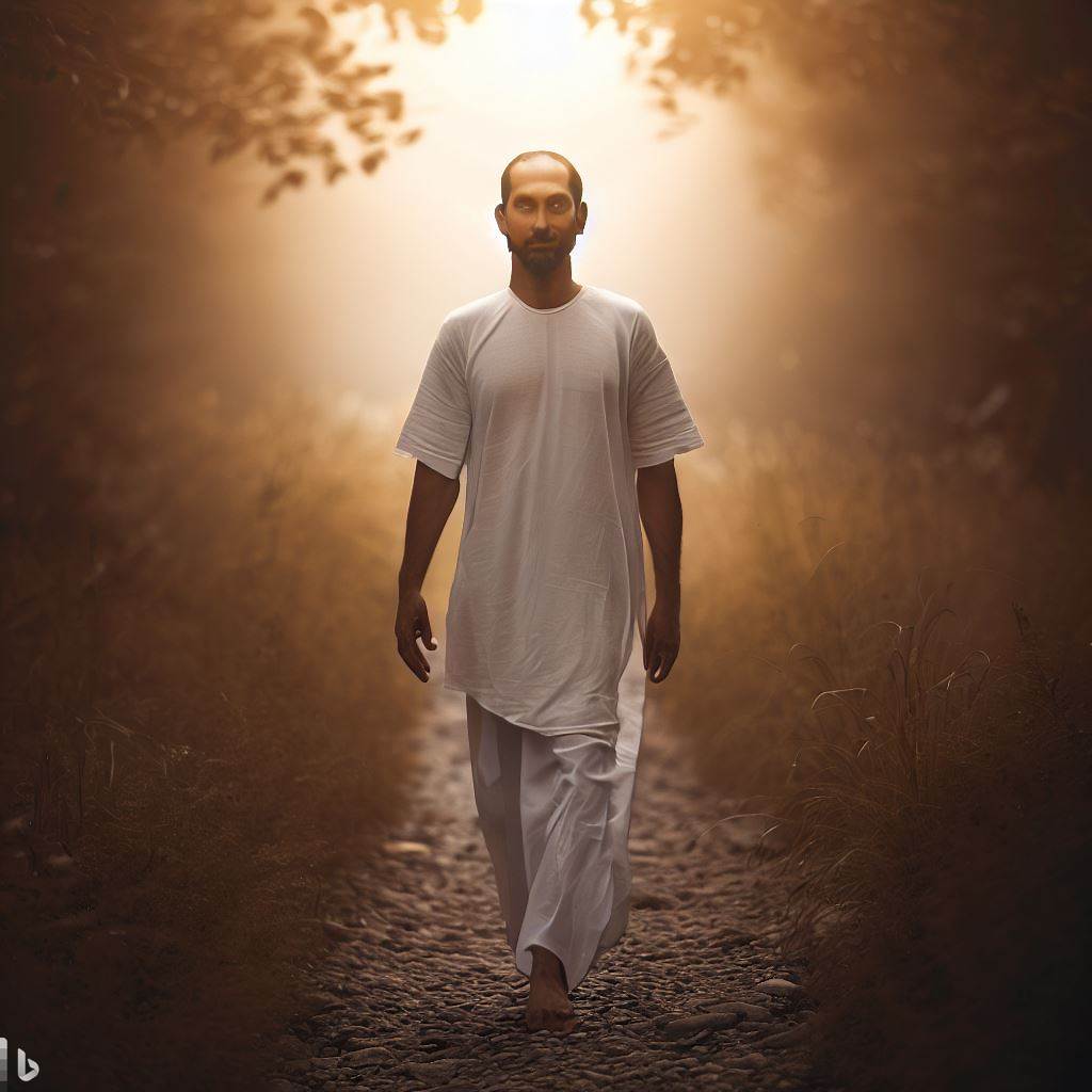Peaceful Man Walking on Path towards good mental health for men.
